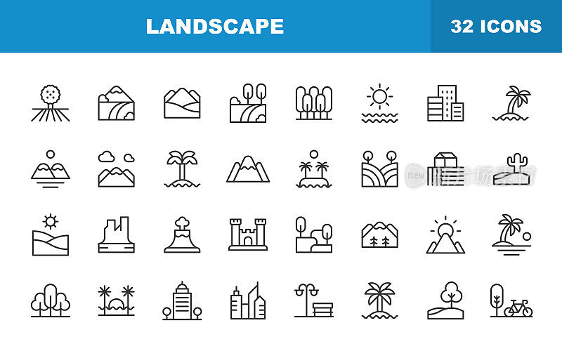 风景线图标。可编辑的中风。包含海滩，城市，乡村，森林，岛屿，自然，山脉，户外，公园，夏季，热带，花园，海洋等图标。