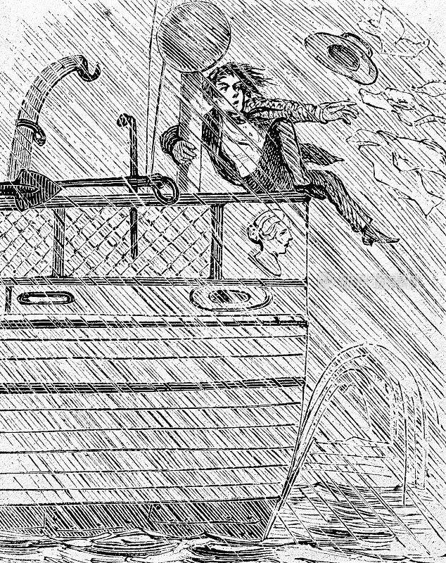 插图画家坐在一艘船的栏杆上，被暴风雨打断了