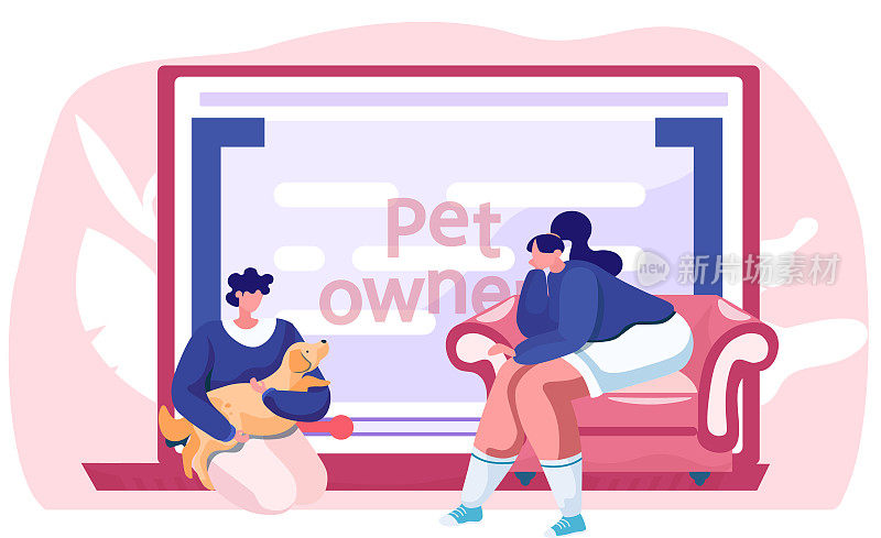 视频博客为宠物主人，妇女在电脑屏幕附近教程如何在家里养狗