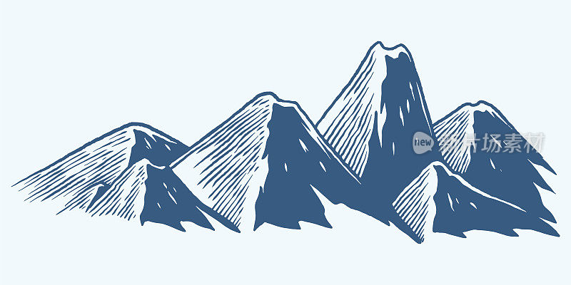 六手绘线条山地丘陵高原草图插图孤立在白色背景。