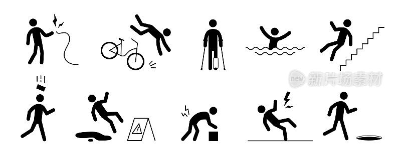 事故象形人图标。滑倒，自行车事故，触电象形标志集。警告，危险图标棒人