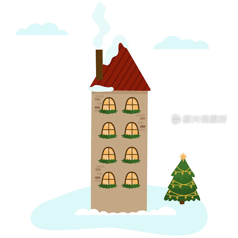一个舒适的冬季房子有四层楼，圣诞节用冷杉花环装饰。一个节日的冬季城市。矢量插图设计，装饰，明信片
