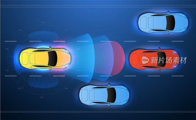 智能汽车。自动智能汽车扫描道路，控制汽车。城市道路上的自动驾驶汽车概念与图形传感器雷达信号系统。股票向量