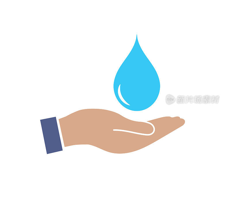 手握水滴。节约用水的概念。水干净，环保。矢量图