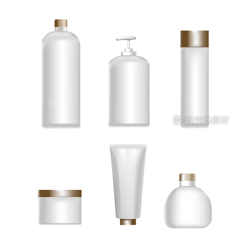 一套白色塑料瓶，用于卫生和化妆品。为模拟ups。