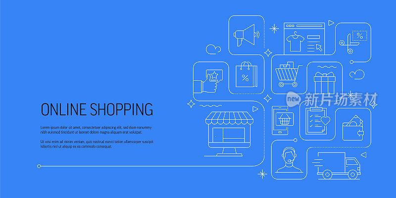 网上购物相关矢量横幅设计概念，现代线条风格与图标