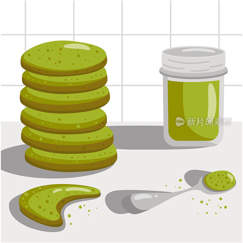 绿色饼干配抹茶。向量平面插图的健康饼干与抹茶。