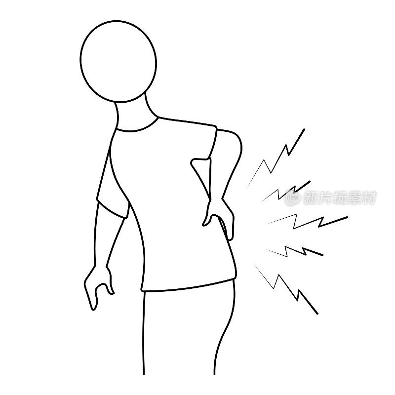背痛。草图。矢量插图。病人俯身用手托住背部。火花从后面冒出来。孤立背景上的大纲。