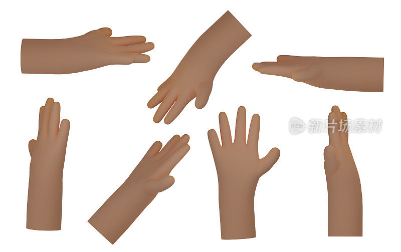3d手势在白色背景。不同角度的表情符号。显示五个手指。开放的问候。孤立的停止动画插图。