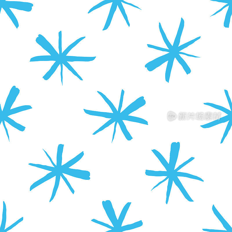 蓝墨水素描雪花孤立在白色的背景。可爱的单色圣诞无缝图案。矢量简单平面图形手绘插图。纹理。
