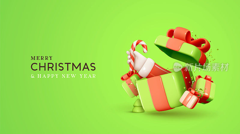 圣诞和新年的礼品盒，有一个打开的惊喜盒子圣诞老人的手给拐杖糖。飘落的绿色礼物和金色彩纸。喜庆的圣诞背景。逼真的3d设计矢量插图