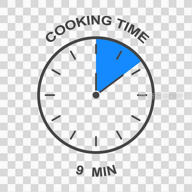 时间间隔为9分钟的钟面。烹饪时间图标。计时器的象征。用于食品制备指令的信息图元件，隔离在透明背景上