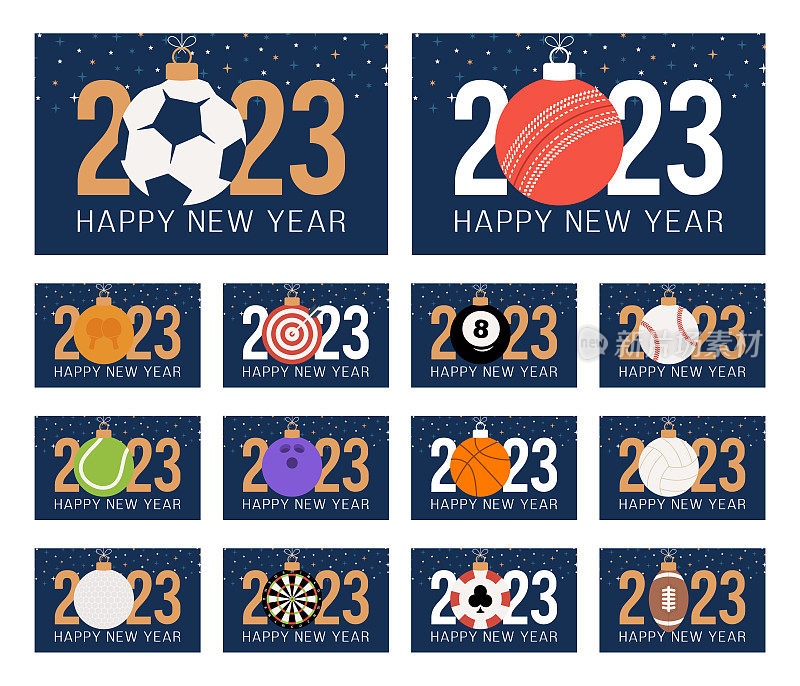 2023年新年和圣诞节体育旗帜设置。系列圣诞贺卡，以运动球作圣诞球，蓝色背景，编号2023。矢量插图集