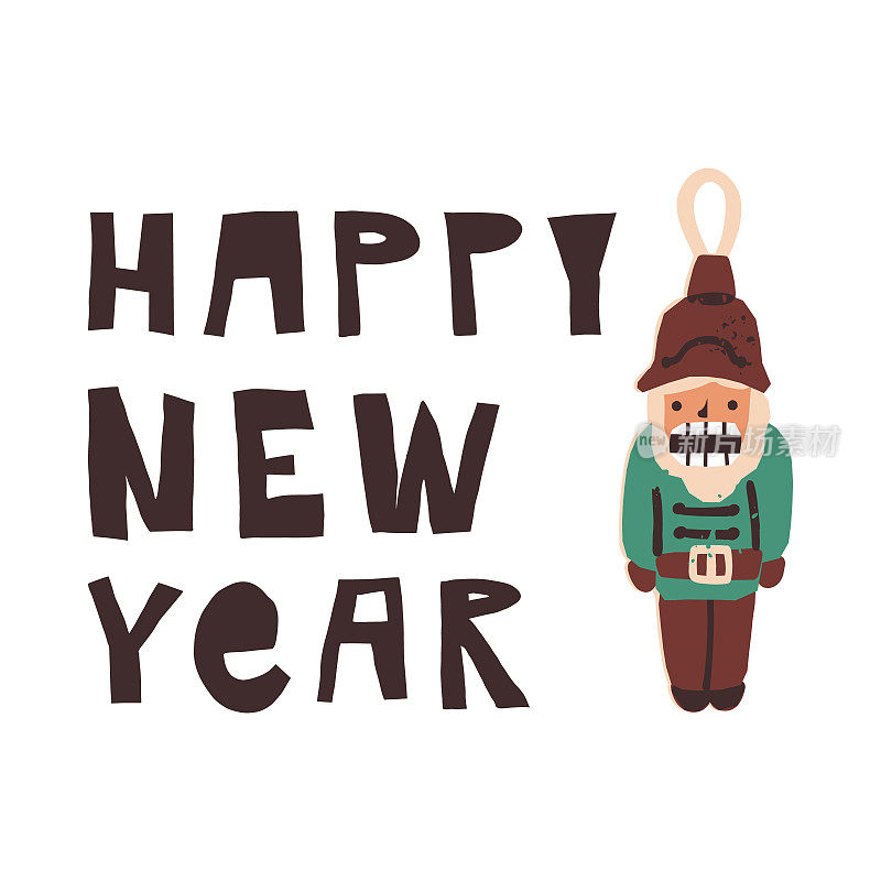 新年、寒假可爱贺卡设计。手写体新年快乐和复古圣诞树胡桃夹子小玩意。矢量孤立的老式冷杉树装饰插图。