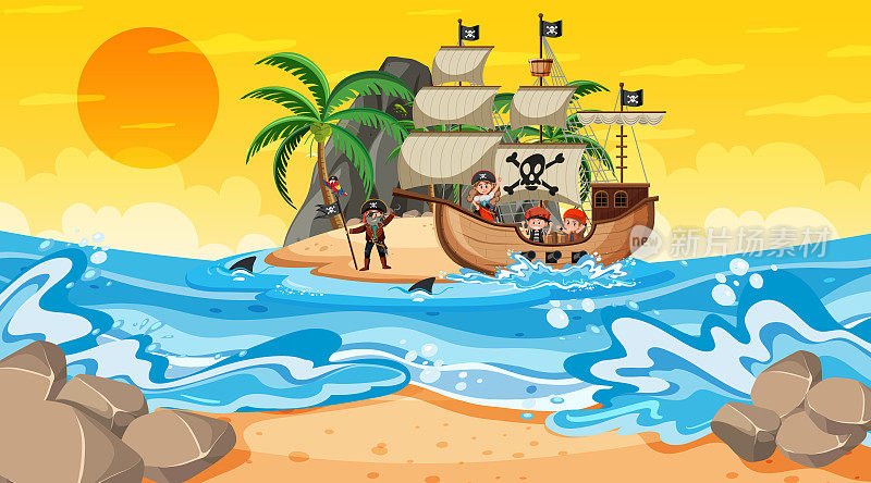 海洋与海盗船在日落场景的卡通风格