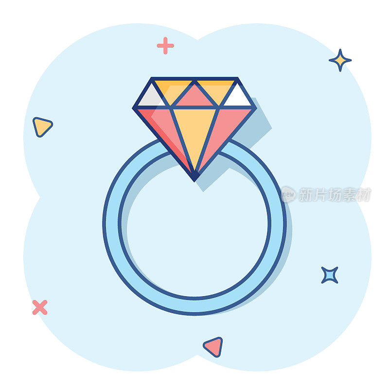 矢量卡通订婚戒指与钻石图标在漫画风格。结婚珠宝戒指插图象形图。恋爱关系商务溅射效应概念。