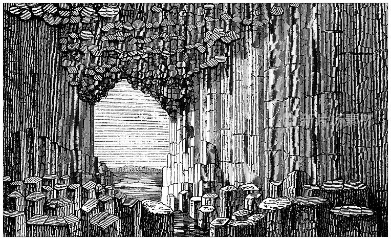 古董插图，地质学:芬格尔洞穴，玄武岩柱