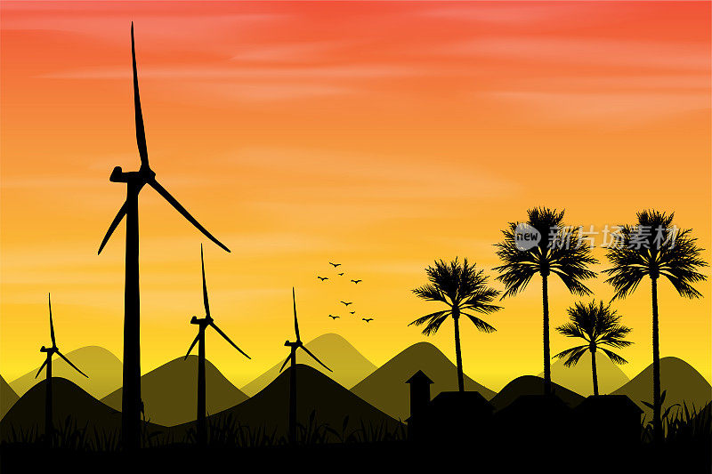 落日矢量图中的风车。有风力涡轮机、棕榈树和村舍的乡村风景。风车插图。日落在村庄。