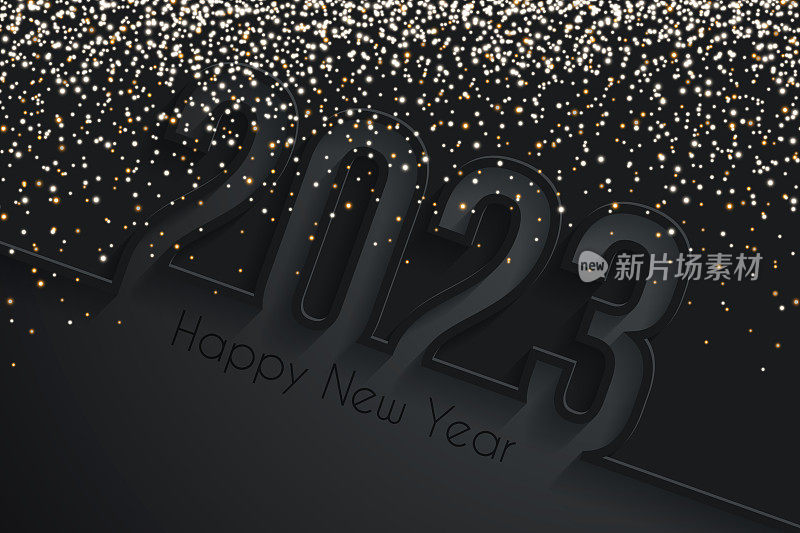 2023年新年快乐，金色闪光-黑色背景