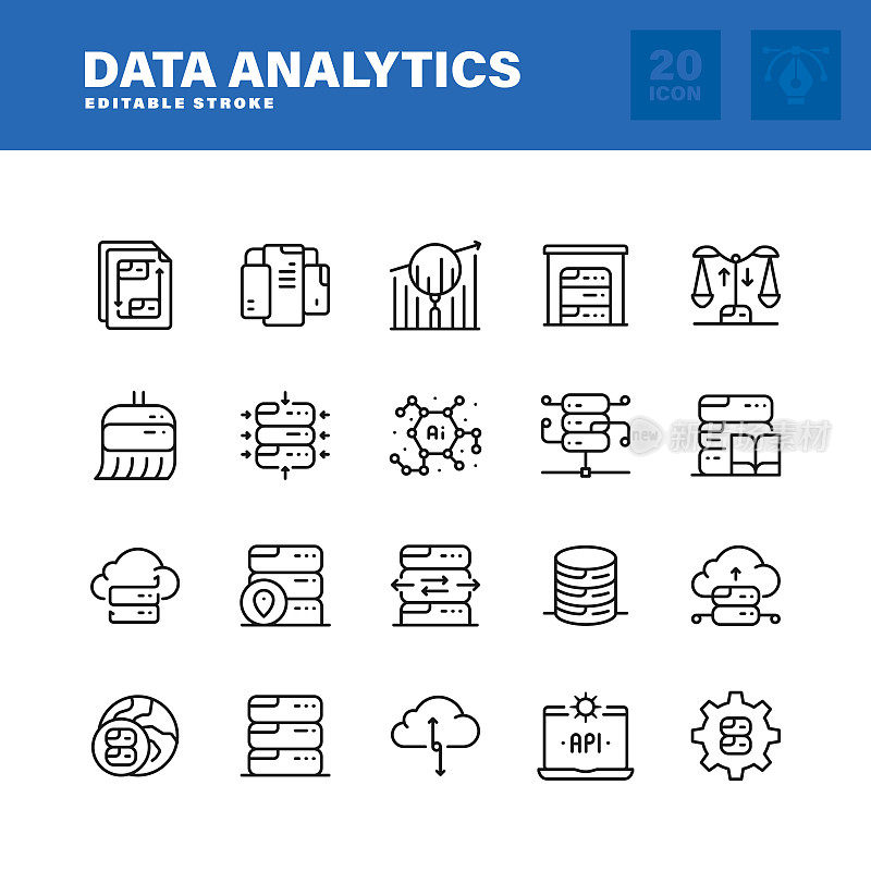 数据分析线图标集。可编辑的中风。像素完美。