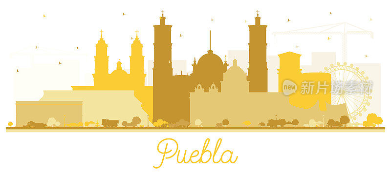 普埃布拉墨西哥城天际线剪影与金色建筑孤立在白色。