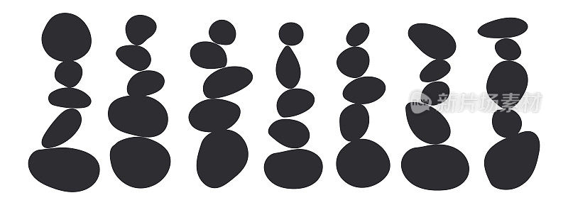 平衡卵石石黑色剪影矢量插图。健康和谐的标志。黑白极简抽象艺术套装。岩石形状的简单、平静和禅意。简单的风度塔