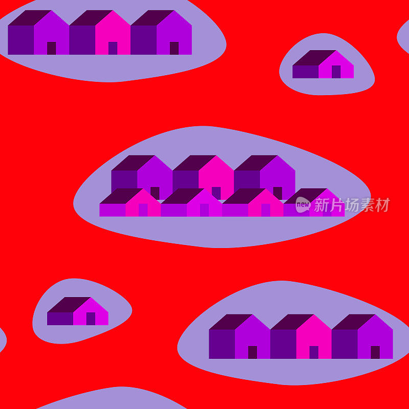 矢量无缝模式的紫粉色房屋在红色背景与紫罗兰非常接近几何极简的形状。印刷用纸、织物、纺织品的现代简约设计。家的概念。元宇宙