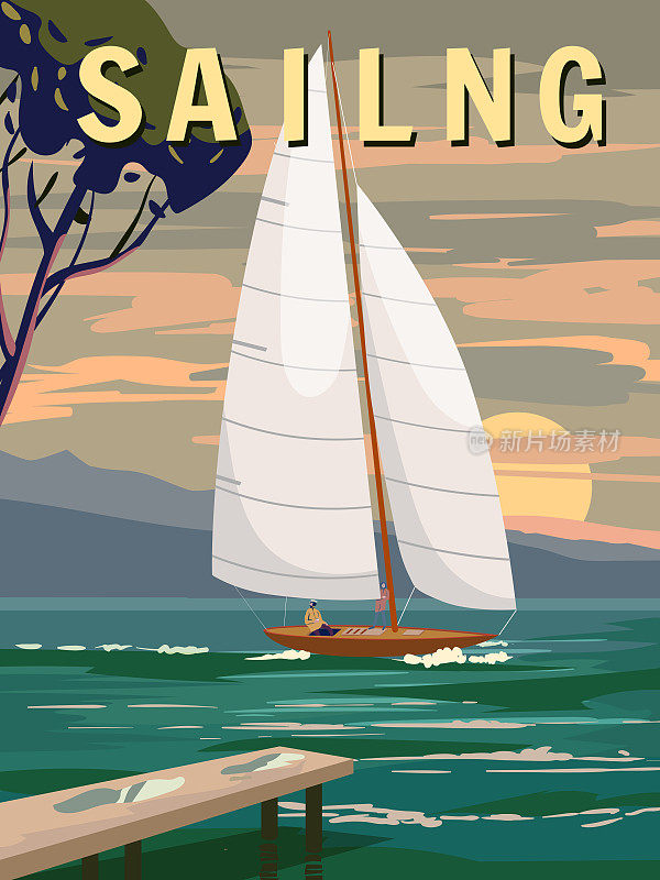 帆船海报复古，帆船游艇上的海洋，大海，海岸，棕榈树。热带邮轮，夏季旅游度假。矢量插图