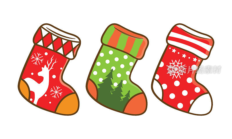 为节日准备的一套圣诞袜。卡通。平面设计。向量