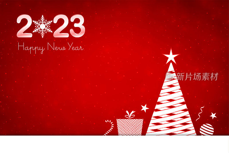 闪闪发光的圣诞水平红色背景文字2023年新年快乐和白色的饰品抽象圣诞树与交叉设计，礼盒，糖果拐杖，小玩意儿和雪花和闪亮的点在明亮的充满活力的栗色背景