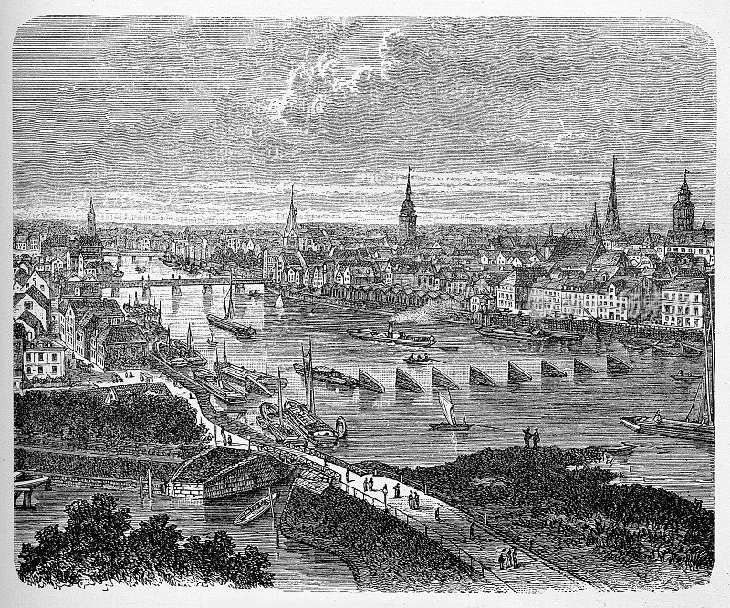 不莱梅汉萨特城，19世纪威瑟河上的桥梁全景