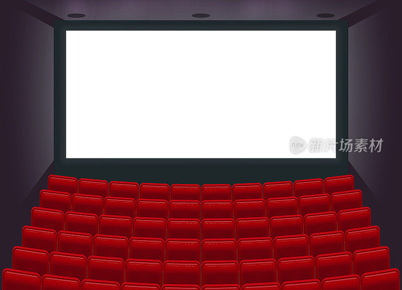 现实主义电影院空厅或电影院剧院电影与白色空幕娱乐电影。每股收益向量