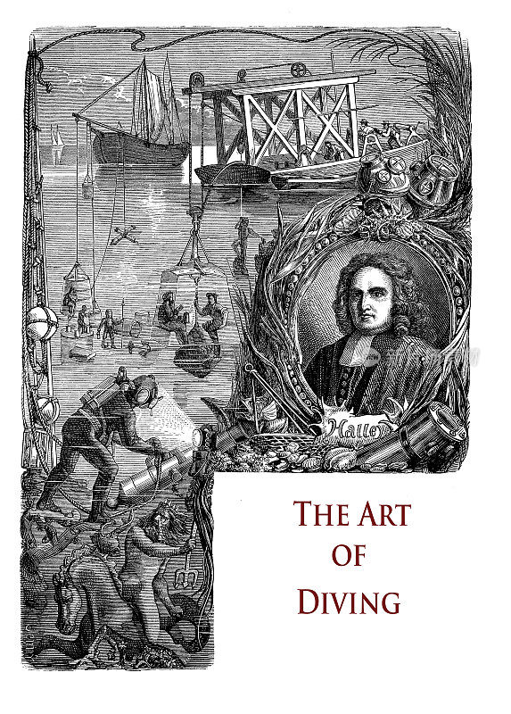 关于潜水艺术的一章的排印式扉页，上面有埃德蒙·哈雷的肖像，这位英国天文学家发明了改进的潜水钟