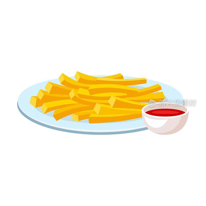 薯条放在盘子里，配上番茄酱卡通插画。煎土豆与各种蘸酱盘，蛋黄酱，番茄酱孤立在白色