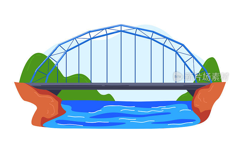 美国海湾上的汽车悬索桥，色彩斑斓的建筑，卡通风格的矢量插画，孤立在白色上。