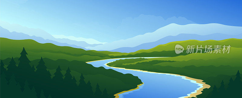 流淌的河流穿过绿草茵茵的丘陵和群山背景