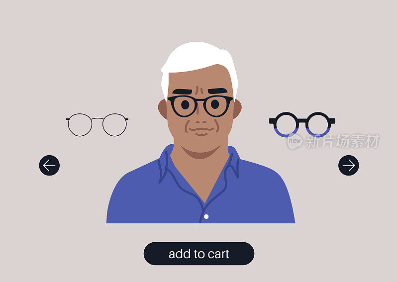 虚拟眼镜试戴工具，一个资深男性白人人物肖像戴不同的框架
