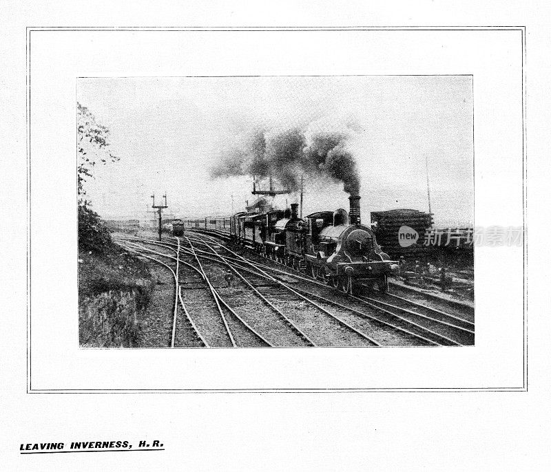 19世纪c插图蒸汽火车离开因弗内斯;高地铁路;1898年英国快报杂志