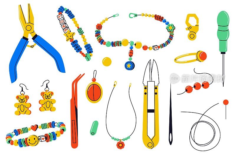 珠宝制作工具。卡通手工配件与乐器，扁平手镯项链戒指耳环爱好DIY，工作坊概念。向量组