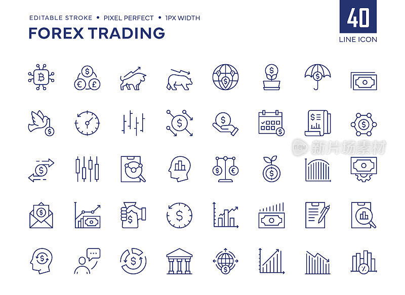 外汇交易线图标集包含货币，加密货币，图表，图表，牛市，熊市等图标。