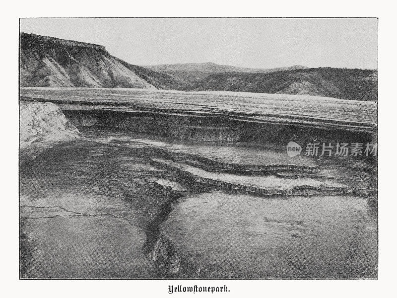 黄石国家公园的石灰华梯田，半色调印刷，1899年出版