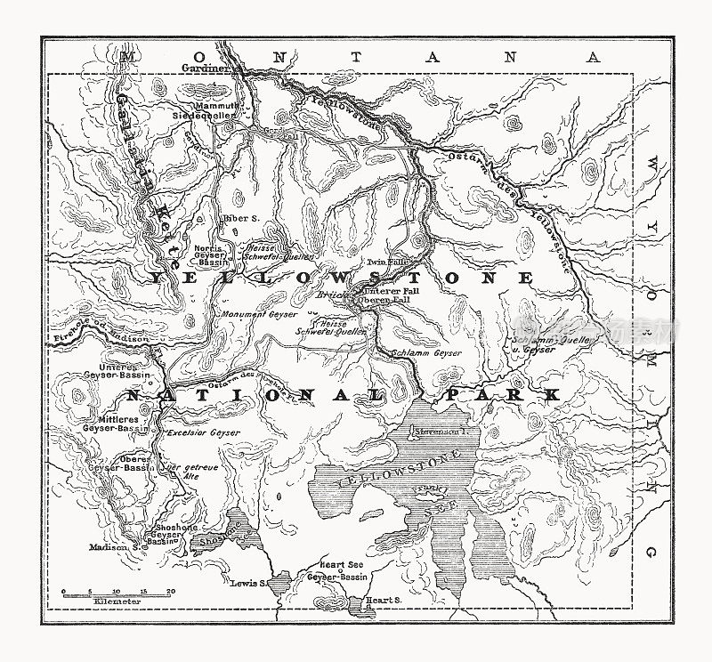 美国黄石国家公园地图，木刻，1899年出版