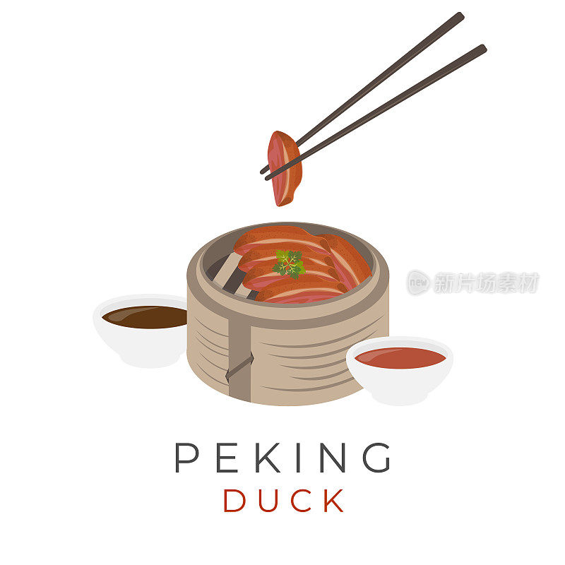 用酱汁和筷子吃的中国北京烤鸭矢量插图