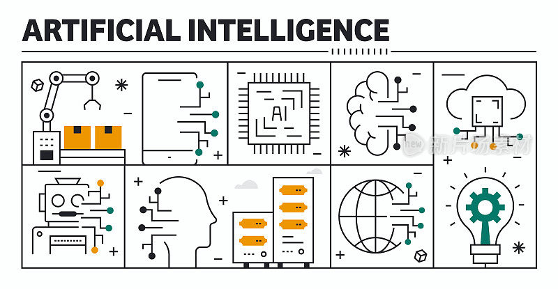 人工智能矢量设计。设计是可编辑的，颜色可以改变。创意图标的矢量集:技术，机器人，创新，云技术，电路