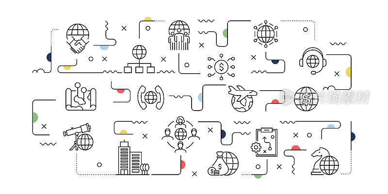 全球业务相关的矢量横幅设计概念，现代线条风格与图标