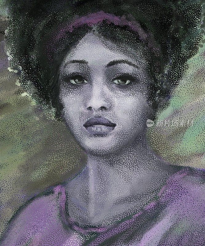 风景如画的肖像，一个黑皮肤的混合种族的女人，浓密的黑色头发在复古风格