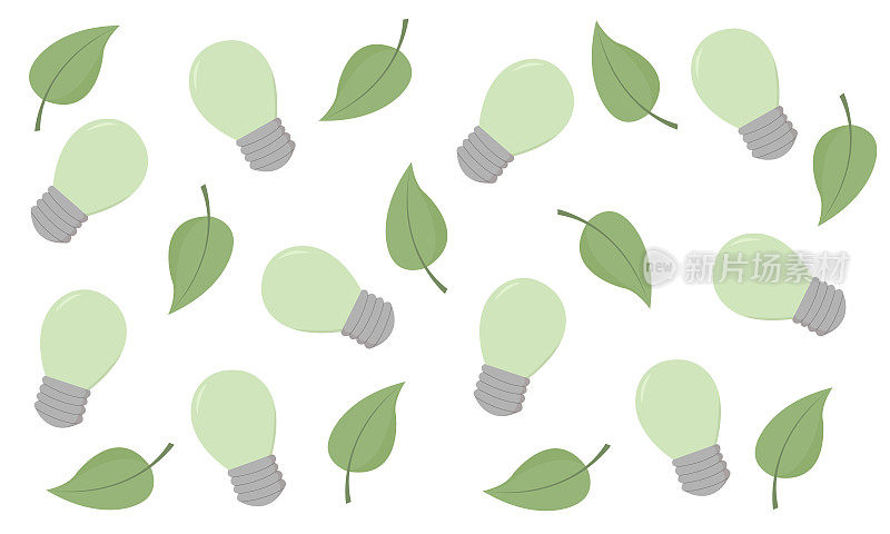 绿色电力概念。灯泡和叶子图案。