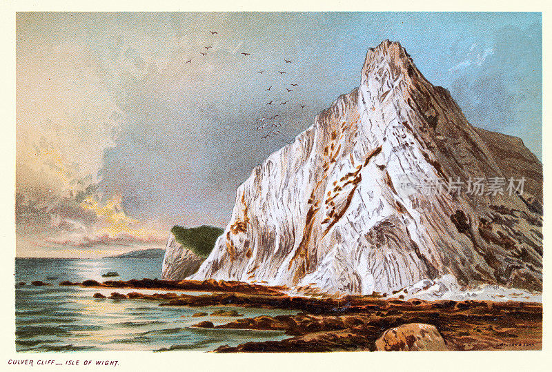卡尔弗Down，怀特岛，白色白垩悬崖，海岸线，19世纪维多利亚时代的风景艺术