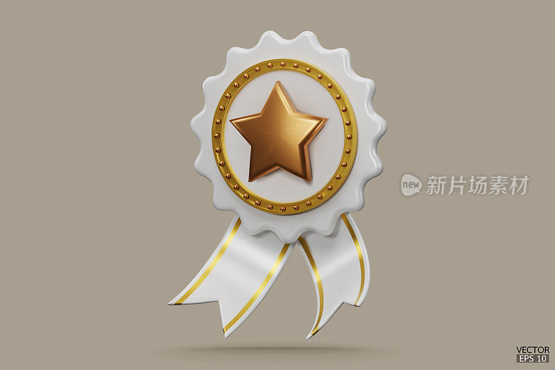 3D质量保证了一枚带有星星和缎带的奖牌。白色徽章保修图标隔离在米色背景上。逼真的图形证书徽章图标，奖励徽章。三维矢量插图。