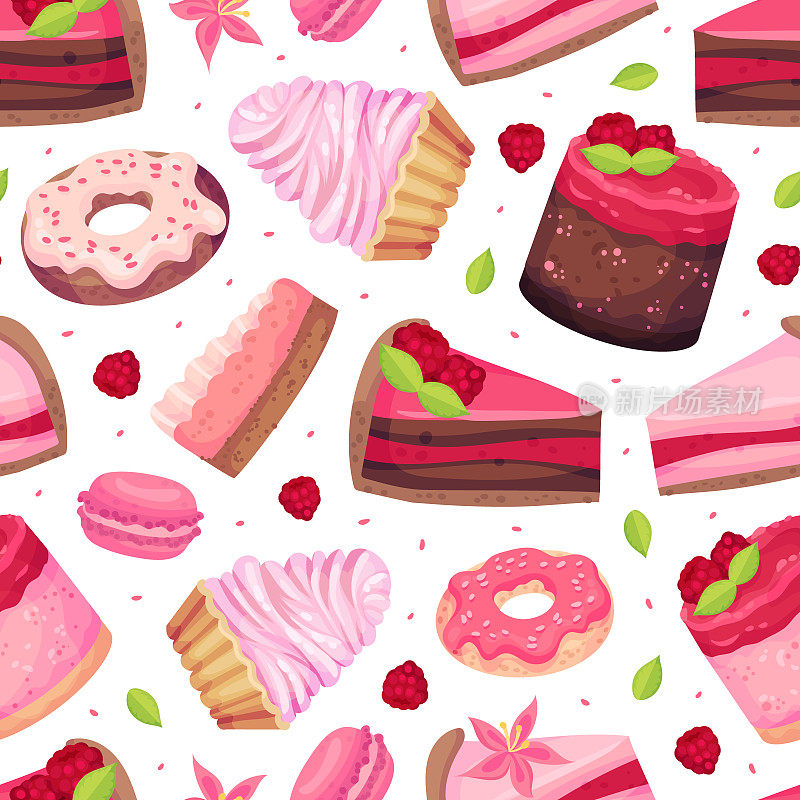 甜覆盆子甜点无缝图案设计与奶油蛋糕和甜甜圈矢量模板